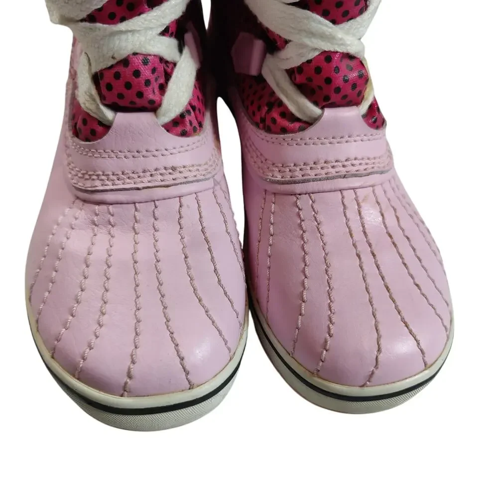 Sorel Girls Sz 4 Pink Polka Dot Duck Boots Lace Up Waterproof Fleece Lined